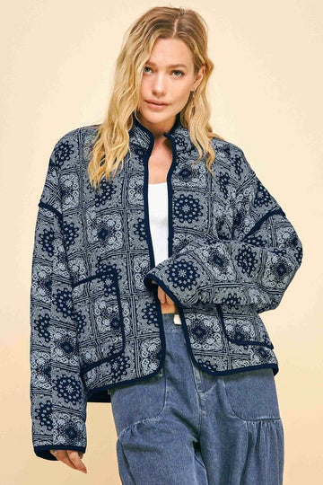 Davi & Dani Vintage Print Open Front Jacket with Pockets-Black