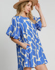 Umgee Two Tone Abstract Print Puff Sleeve Dress