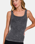 Zenana Ribbed Scoop Neck Tank-.Black