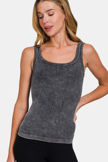 Zenana Ribbed Scoop Neck Tank-.Black