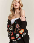 ADORA Full Size Contrast Crochet Open Front Long Sleeve Cardigan- Black