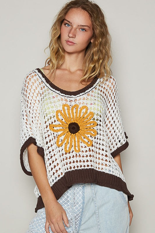 POL Hollow Out Flower Half Sleeve Knit Cover Up