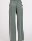 Mittoshop Stretch Banded Waist Wide Leg Pants with Pockets- Army Green