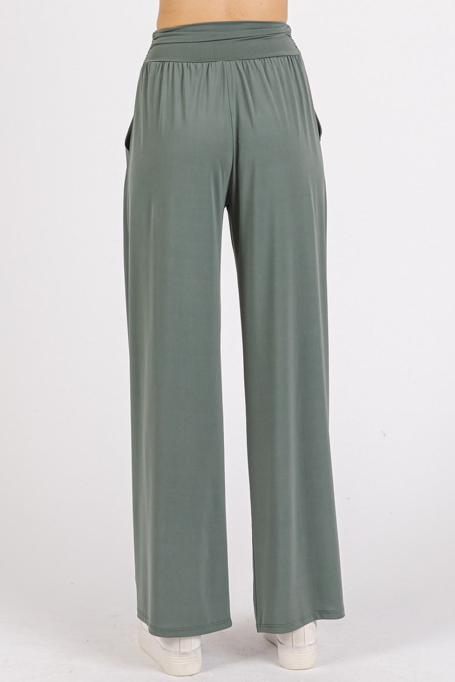 Mittoshop Stretch Banded Waist Wide Leg Pants with Pockets- Army Green