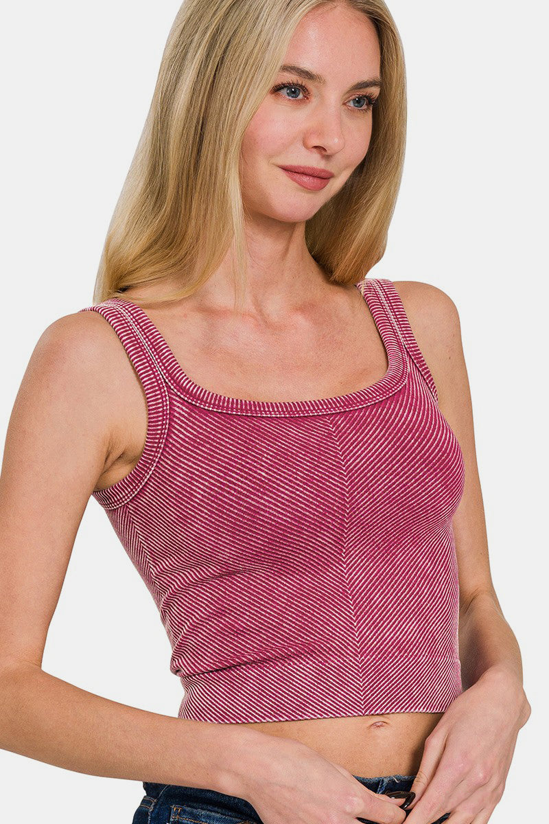 Zenana Washed Ribbed Scoop Neck Wide Strap Tank- Burgundy