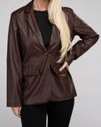 Sleek Pu Leather Blazer with Front Closure