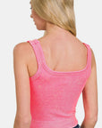 Zenana Washed Ribbed Scoop Neck Wide Strap Tank- Coral Fuchsia