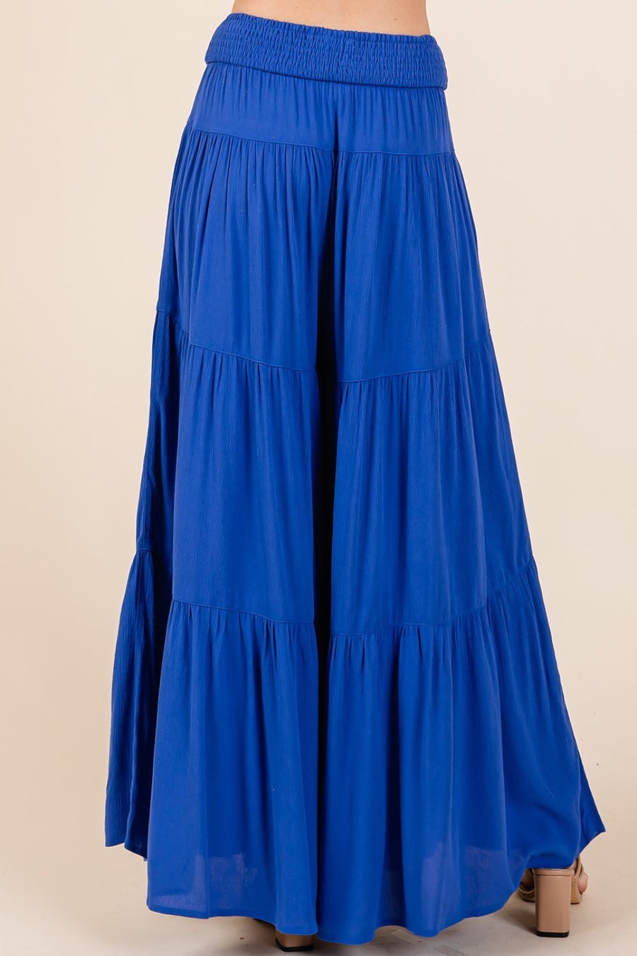 Mittoshop Tier Detail Smocked Elastic Waist Wide Leg Pants-Cobalt