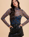 Annie Wear Floral Lettuce Hem Sheer Mesh Top- Black/Blue