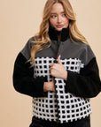 Annie Wear Plaid Zip Up Drop Shoulder Sherpa Jacket-Ivory/Black