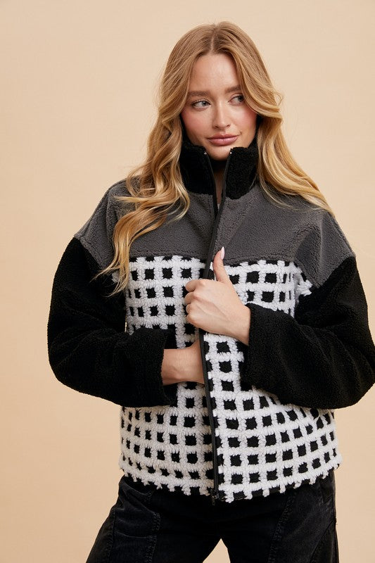 Annie Wear Plaid Zip Up Drop Shoulder Sherpa Jacket-Ivory/Black