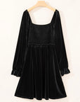 Plus Size Smocked Square Neck Long Sleeve Dress- Black