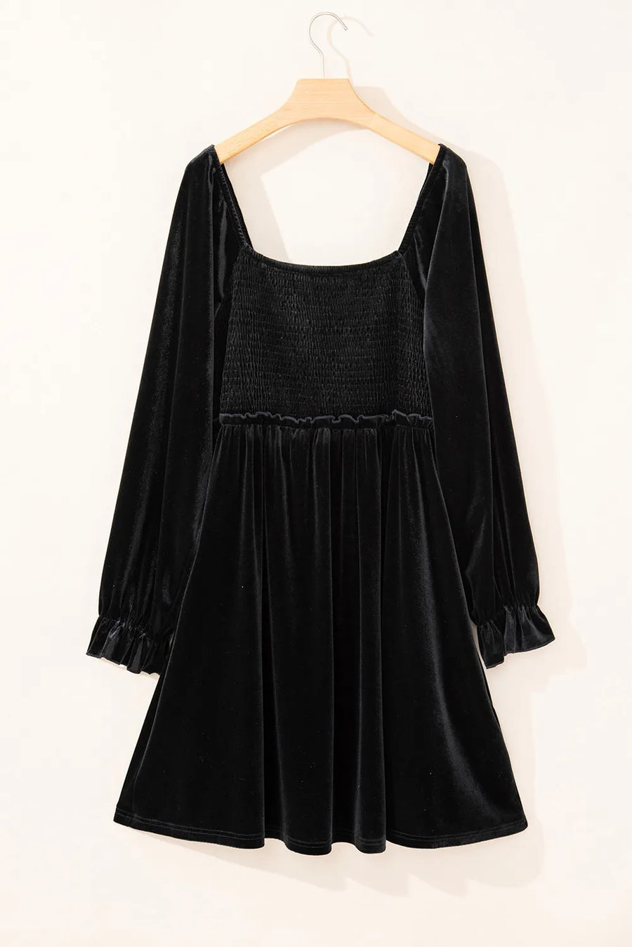 Plus Size Smocked Square Neck Long Sleeve Dress- Black