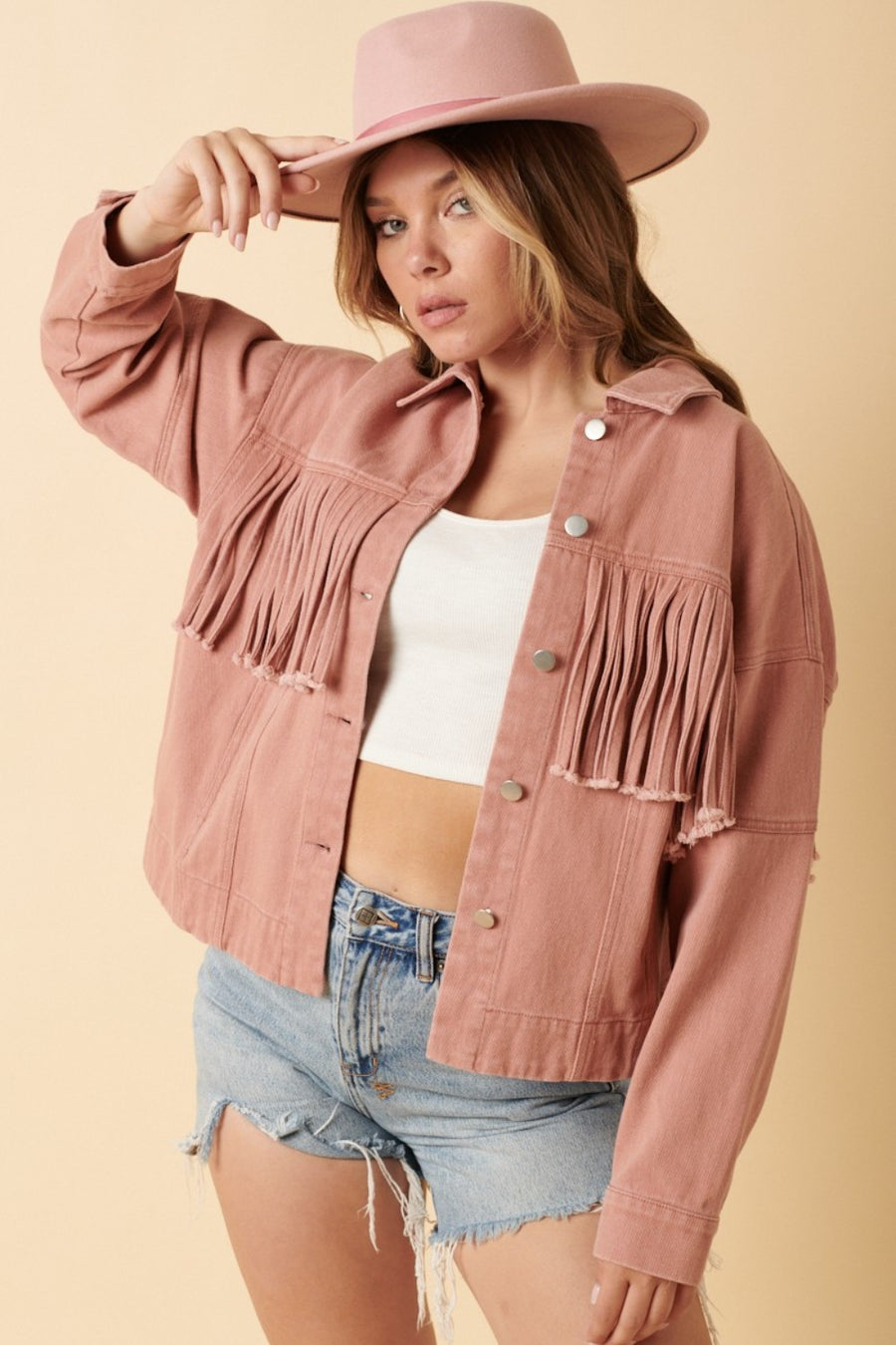 Mittoshop Fringe Detail Cotton Twill Jacket in Dusty Blush