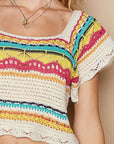 POL Openwork Ethnic Pattern Square Neck Cropped Knit Top