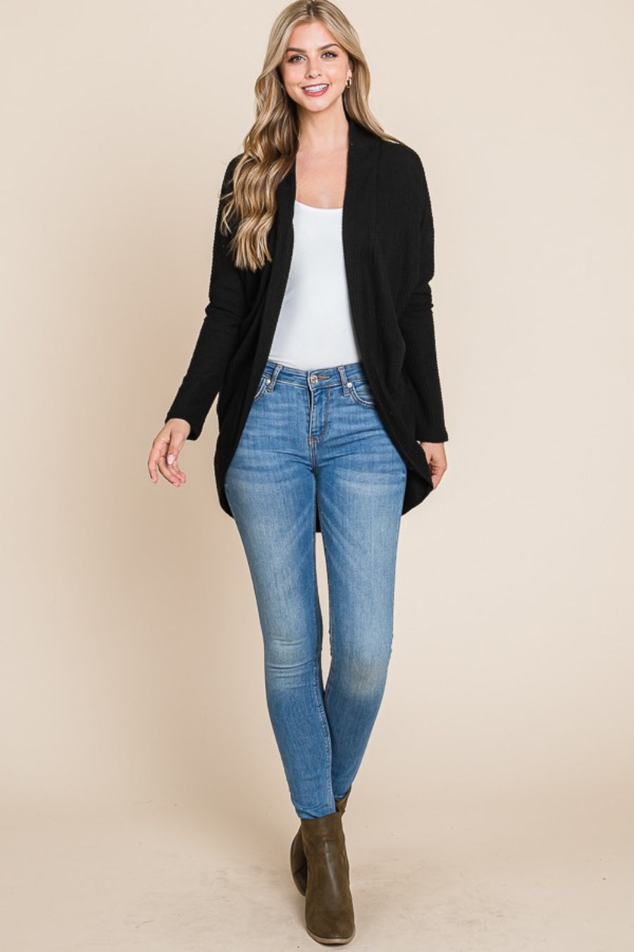 BOMBOM Open Front Waffle Knit Cocoon Cardigan-Black