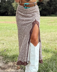 Brown Cheetah Print Trim Split Long Western Skirt