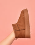 WILD DIVA Suede Round Toe Platform Booties- Caramel