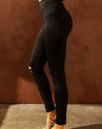 Double Take Wide Waistband Distressed Slim Fit Leggings- Black