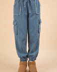 VERY J Washed Drawstring Jogger Cargo Jeans- Indigo