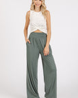 Mittoshop Stretch Banded Waist Wide Leg Pants with Pockets- Army Green