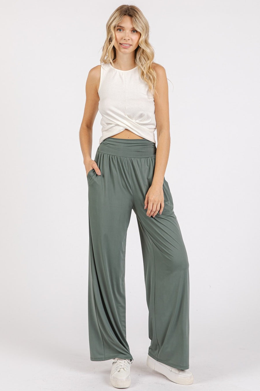 Mittoshop Stretch Banded Waist Wide Leg Pants with Pockets- Army Green