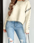 Contrast Stitch Detail Ribbed Trim Sweater- Ivory