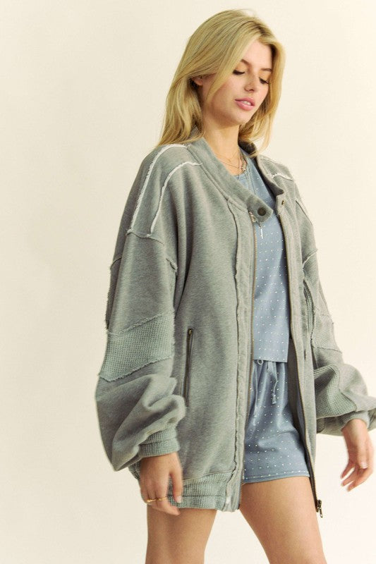 Davi & Dani Exposed Seam Zip Up Dropped Shoulder Jacket-grey