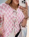 Double Take Tied Checkered Dropped Shoulder Flounce Sleeve Cardigan