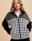 Annie Wear Plaid Zip Up Drop Shoulder Sherpa Jacket-Ivory/Black