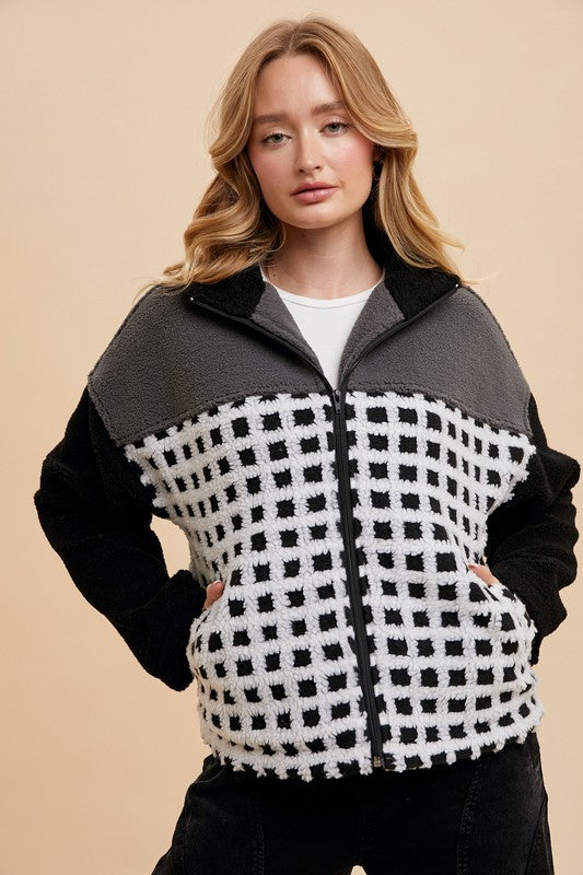 Annie Wear Plaid Zip Up Drop Shoulder Sherpa Jacket-Ivory/Black