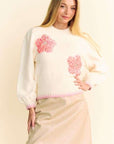 Davi & Dani Flower Patch Fuzzy Mock Neck Sweater