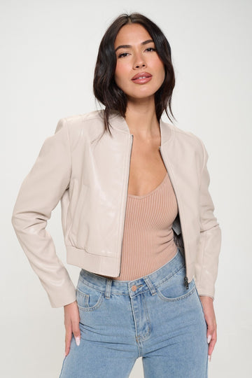 Coalition LA Zip Up Cropped Bomber Jacket-Cream