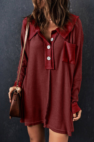 Red Waffle Knit Buttoned Long Sleeve Top/Dress
