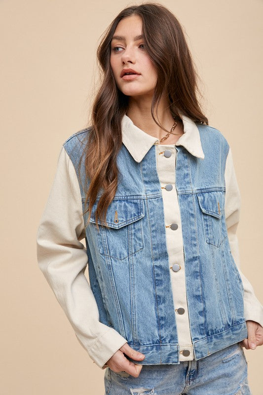 Annie Wear Collared Neck Double Placket Denim Jacket- Medium wash