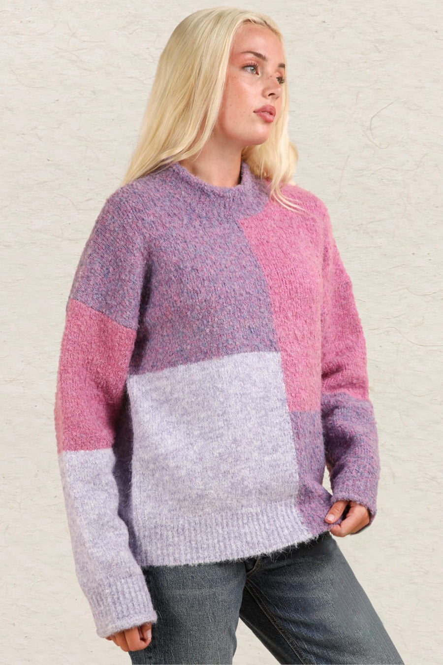 VERY J Color Block Mock Neck Drop Shoulder Sweater-Purpke