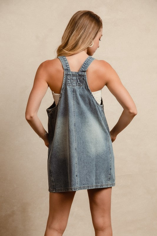 BiBi Washed Adjustable Strap Denim Overall Dress-Denim