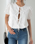 Perfee Tied Eyelet Short Sleeve Bodysuit-white