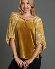 Umgee Round Neck Leopard Balloon Sleeve Velvet Top