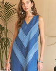 ADORA Chevron Color Block V-Neck Denim Dress-.Denim