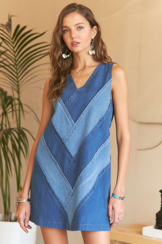 ADORA Chevron Color Block V-Neck Denim Dress-.Denim