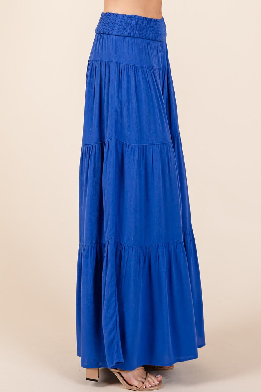 Mittoshop Tier Detail Smocked Elastic Waist Wide Leg Pants-Cobalt