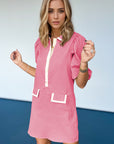 Oh Textured Half Button Puff Sleeve Dress