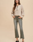 Annie Wear Half Button Ribbed Hem Sweater-oatmeal