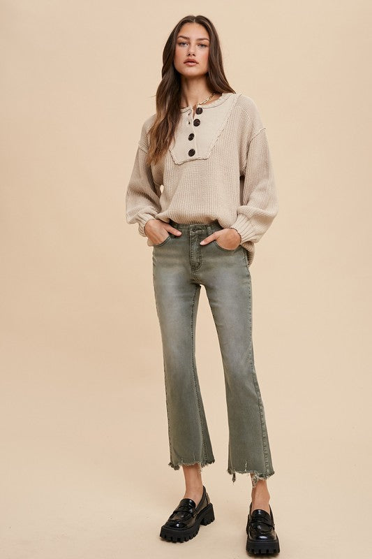 Annie Wear Half Button Ribbed Hem Sweater-oatmeal