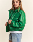 J.NNA Turtleneck Snap and Zipper Closure Crop Puff Jacket in Green