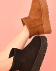 WILD DIVA Suede Round Toe Platform Booties- Caramel