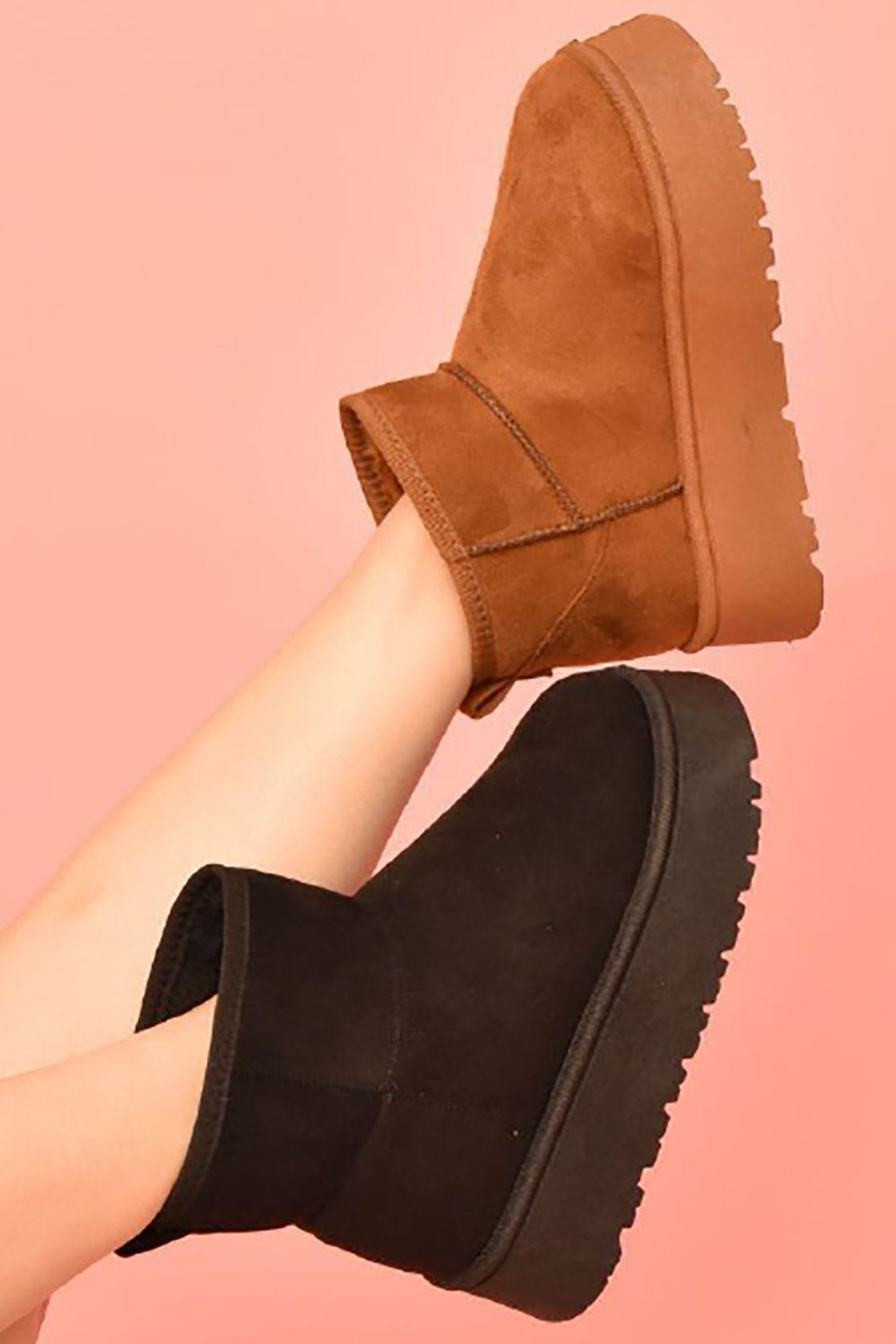 WILD DIVA Suede Round Toe Platform Booties- Caramel