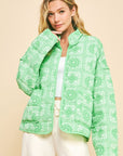 Davi & Dani Vintage Print Open Front Jacket with Pockets-Neon Green