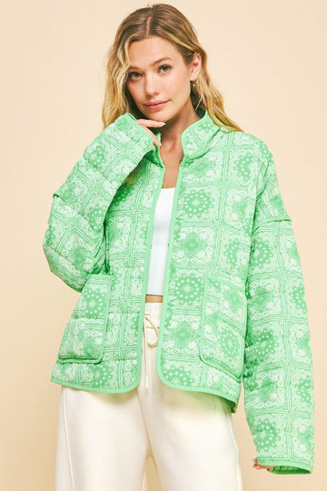 Davi & Dani Vintage Print Open Front Jacket with Pockets-Neon Green